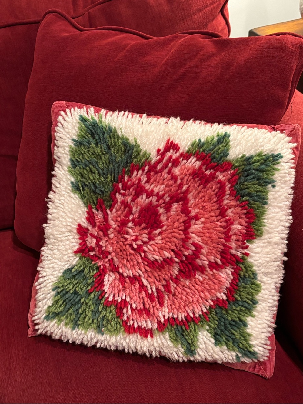 Vintage! Latch Hook Pillow Rose with Corduroy Backing. It’s Fantastic!